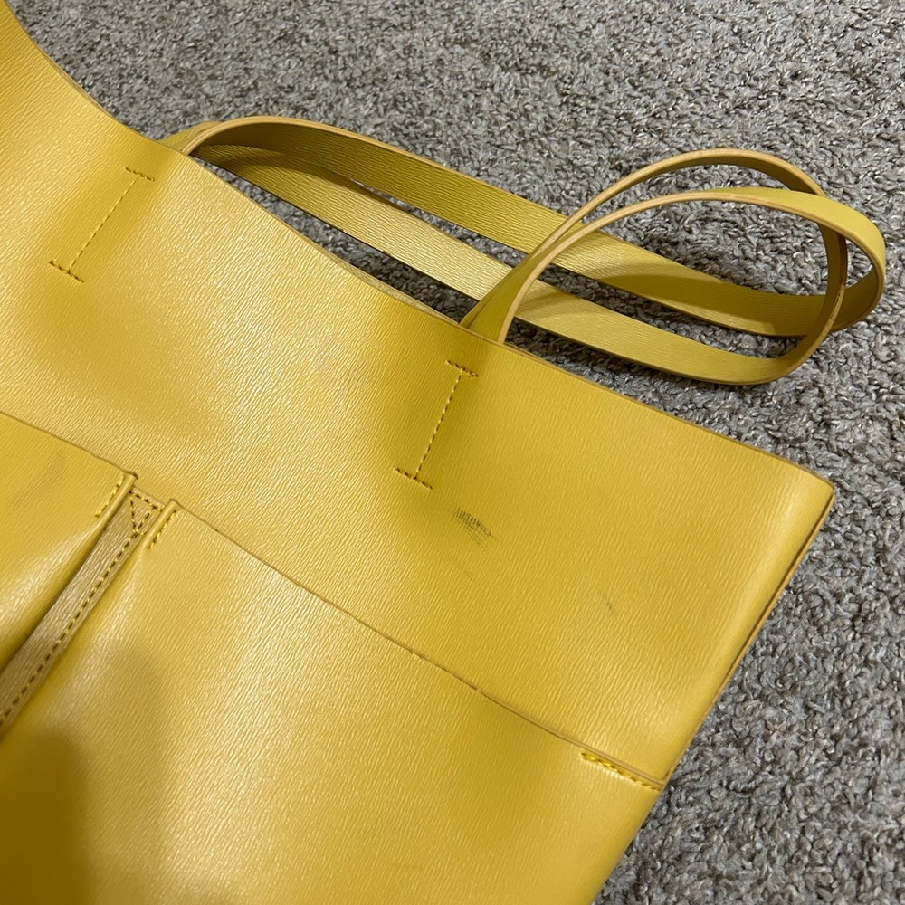 Neiman Marcus Mustard Yellow VEGAN Faux Leather Shopper Tote Bag Shoulder Pocket - Picture 10 of 13
